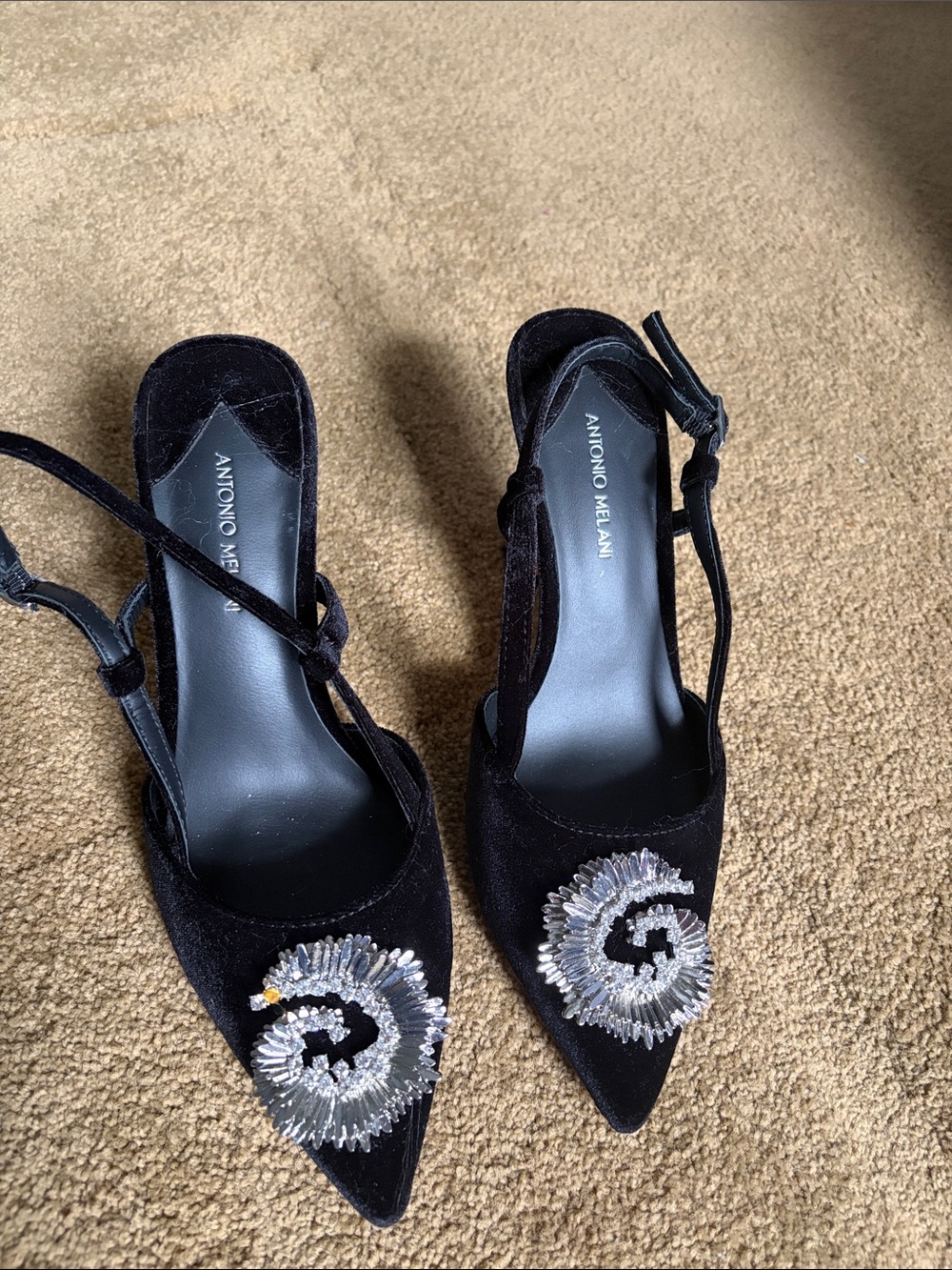 ANTONIO MELANI Black Velvet Pointed-Toe Slingback Heels with Crystal Rosette-
